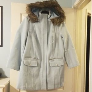 Light Blue Faux Fur Hooded Wool Blend Coat